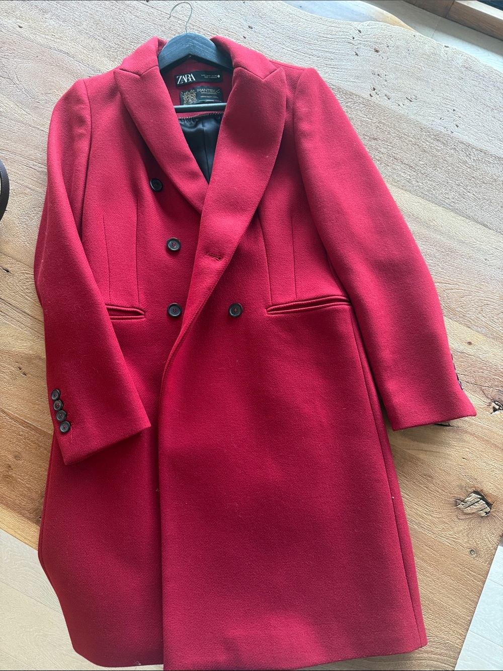 Zara Double-Breasted Red Wool Pea Coat